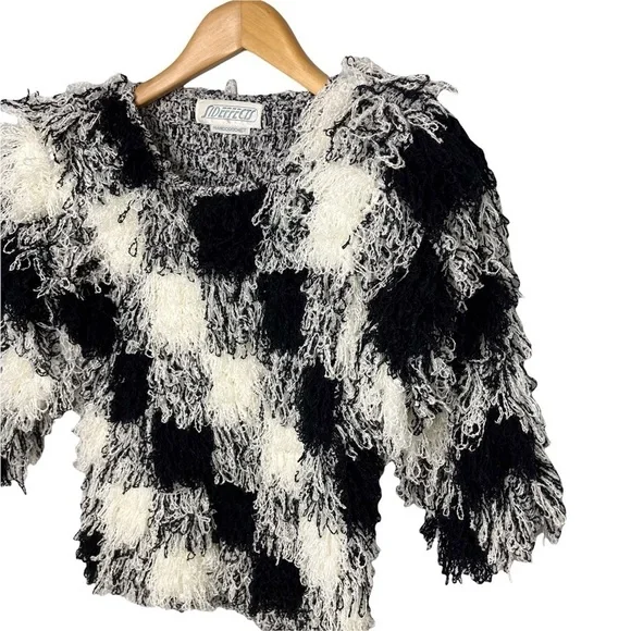 Sideffects Vintage Shaggy Sweater Hand Crocheted Checkered Pattern Vintage Small - Picture 2 of 7